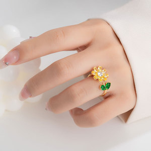 My Muyu Forest Style Sunflower Open Ring Gold Tone Zircon Pave Setting Adjustable Index Finger Jewelry Gift - Product Image 1