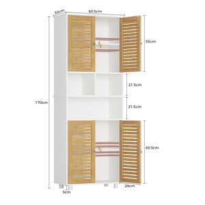 Armoire <span class=keywords><strong>de</strong></span> salle <span class=keywords><strong>de</strong></span> bain haute avec 3 compartiments ouverts, étagères réglables et 4 portes en bambou pour salon, cuisine et salle <span class=keywords><strong>de</strong></span> bain - Product Image 5
