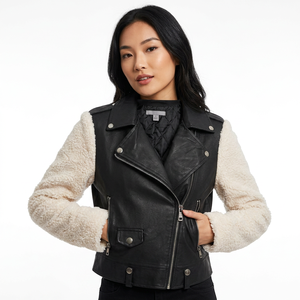 Veste de motard en simili cuir pour femme KEVEN IMPEX, imperméable, coupe-vent, doublée en sherpa, fermeture éclair, col montant, printemps-hiver - Product Image 3