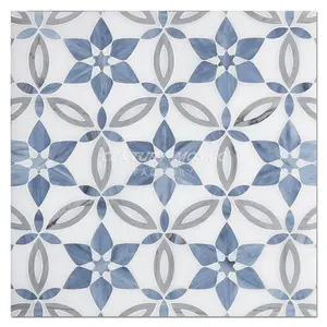 Bianco-mosaico de mármol con chorro de agua, ónix, vidrio arcoíris y vidrio Latino azul