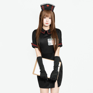 Conjunto de uniforme de enfermera negro para mujer, disfraz de juego de rol, falda con sombrero, guantes, tarjeta de identificación, disfraces para juegos de adultos - Product Image 5
