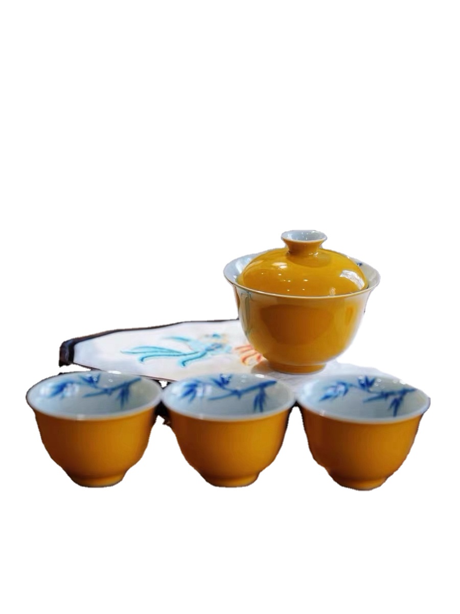 Whispering Porcelain Traditional Chinese Gaiwan Tea Set-Durable & Eco-Friendly Chinese Royal Yellow Blessing Collection