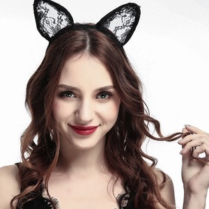 Diadema con orejas de gato de encaje, color negro, ajustable, para fiesta, cosplay, juego de rol, chica linda, tipo 214 - Product Image 1