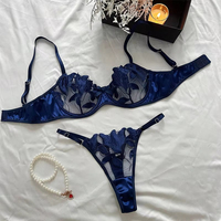 Ensemble de lingerie sexy à broderie florale pour femmes, sous-vêtements fantaisie, bralette transparente, soutien-gorge à armatures push-up et culotte, ensembles 2 pièces