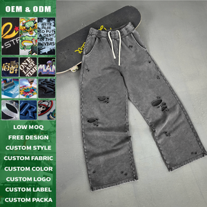 Pantalon en coton déchiré, délavé, effet usé, coupe ample, poids lourd, haute qualité, logo personnalisé pour petites commandes - Product Image 3