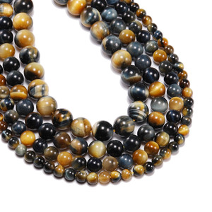 Perles rondes en œil de tigre jaune et bleu naturel, pour la fabrication de bracelets, accessoires de bijoux DIY, vente en gros - Product Image 1