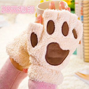 <b>Cat</b> <b>Paw</b> <b>Gloves</b> Warm Plush Half Finger Winter Keep Warm Beige Pink Gray Coffee Rose Red Khaki Navy Blue - Product Image 1
