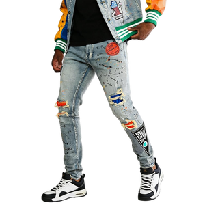 <span class=keywords><strong>Jeans</strong></span> da Uomo Personalizzati di Design, con Effetto Smerigliato a Mano, Ricami e Patch, Vestibilità Dritta <span class=keywords><strong>Super</strong></span> Elasticizzata, Lavaggio Stonewashed e Stampa - Product Image 1