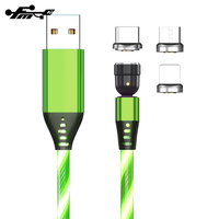 Kabel Data USB Magnetik 3 In 1, Kabel Data USB Magnetik dengan LED Mengalir dan Konektor Rotasi 540