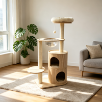 Arbre à chat en bois DuoDen à double étage, avec double entrée, maison pour chat, capsule spatiale, poteaux à gratter en sisal, emballé en carton, pour usage intérieur
