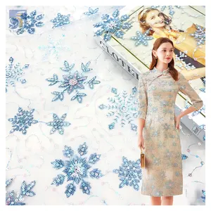 New Arrival Winter Christmas Clothing Snowflake Mesh Sequins Embroidered Fabric Tulle Dress Lolita Children's Fabric