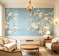 Wallpaper Mural Bunga Magnolia Putih dan Burung dengan Latar Belakang Biru Muda, Penutup Dinding Kustom untuk Ruang Tamu dan Kamar Tidur