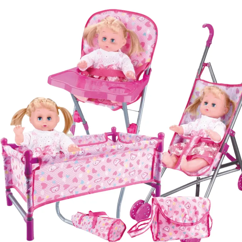 Enfants 14 pouces bébé poupée 5-en-1 combinaison combinaison combinaison avec poussette bébé parc balançoire poupée lit chaise de salle à manger sac à main