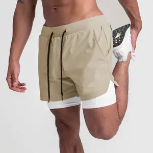 Camo Running Shorts masculino 2 em 1 short esportivo de secagem rápida de dois andares