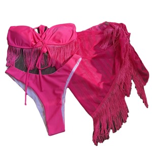 Hot Sale of the Season New Tassel <strong>Trim</strong> <strong>Bikini</strong> Three Piece Set Swimsuit Net Lace Strap Tube Top Crossbody Swimsuit - Product Image 2