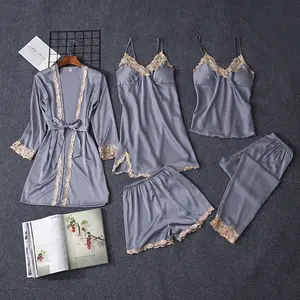 Сексуальные женские взрослые комплекты кружевной Халат + Ночное платье; 5 штук одежда для сна женский набор для сна Пижама из искусственного шелка, Robe Femme