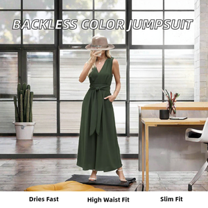 Combinaison longue sans manches en crêpe pour femme, col en V, avec ceinture, couleur unie, coupe ample, décontractée, pour le printemps et l'été - Product Image 2