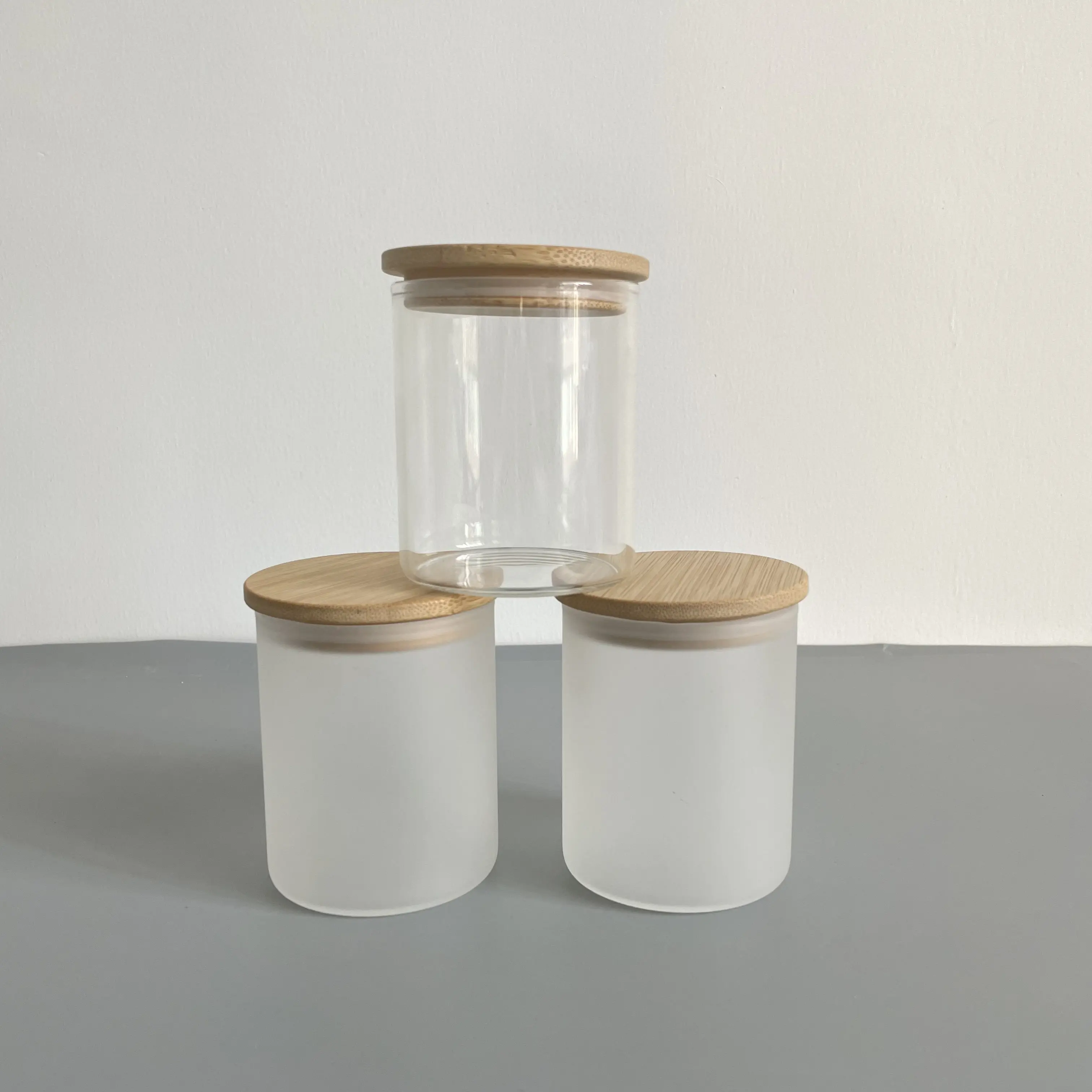 Contenedores de almacenamiento de alimentos de vidrio esmerilado, tapa de madera de bambú para impresión en caliente, 9oz, 270ml, sublimación en blanco