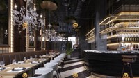 Design d'intérieur haut de gamme pour restaurant : comptoir de bar sur mesure, table en bois massif et ensemble de chaises en rotin pour café, banquette confortable.
