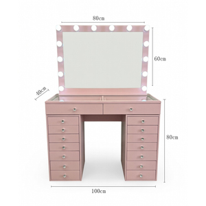 <span class=keywords><strong>Table</strong></span> de toilette moderne de luxe en bois avec <span class=keywords><strong>miroir</strong></span> LED, bureau de maquillage Hollywood avec tiroirs, station de charge pour chambre à coucher - Product Image 3