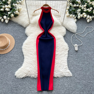2025 été Y2K licou gaine hanche robe mi-longue pour les femmes <span class=keywords><strong>sans</strong></span> <span class=keywords><strong>manches</strong></span> Empire contraste couleur dentelle robe - Product Image 4