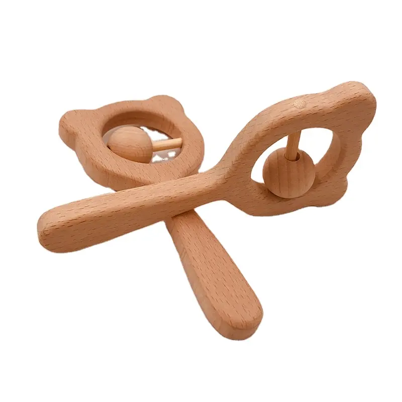Multiple styles Natural wood Beech Wooden teether organic baby wooden rattle with bear shape