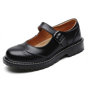 Chaussures plates Mary Jane en cuir véritable noir pour femmes, bout rond, avec boucle, chaussures plates décontractées pour l'école et le travail - Product Image 3
