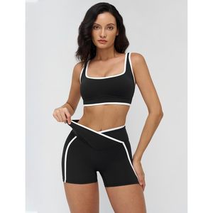 Conjunto Deportivo de Dos Piezas para Mujer, Bra Deportivo con Bloques de Color, Shorts de Cintura Alta, Ropa Deportiva para Gimnasio y Yoga, Ribete en Contraste, Transpirable y de Secado Rápido - Product Image 2