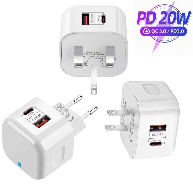 2 Ports QC3.0 Type C Charger PD 20W Quick Charger USB-C Fast Charging Travel Wall Charger Power Adapter US EU UK Plug for iPhone