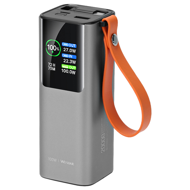 OEM 20000mAh 100W PD Aluminum Power Bank, Built-in Retractable 65W Cable,Outdoor LED, TFT Display, Lanyard, Laptop Fast Charging