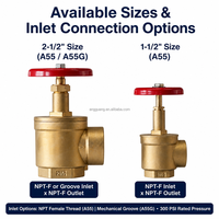Katup Selang Pemadam Kebakaran Kuningan Tempa 300 PSI Pola Sudut, Inlet Alur NPT Betina 1.5" 2.5", Outlet Pemadam Kebakaran