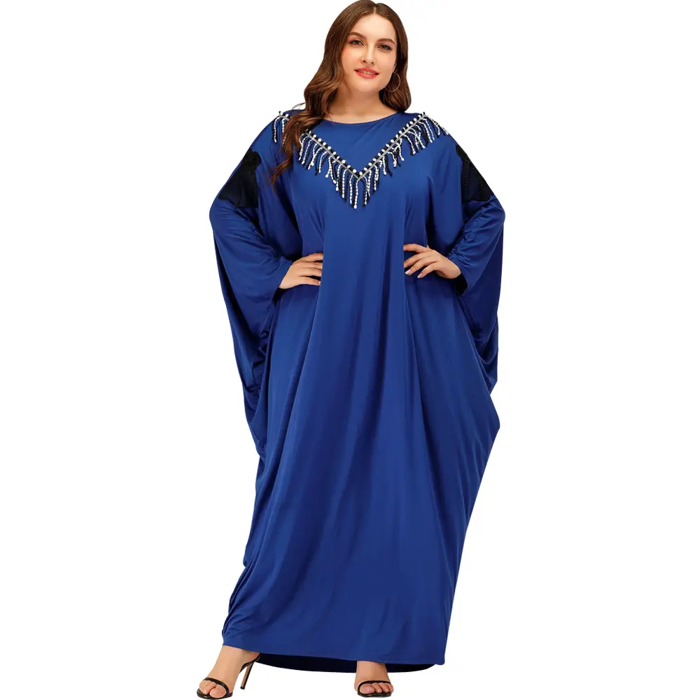 2024 Muslim Women's Bat Long Sleeve Black White Tassel Lace Applique Loose Hem Dress