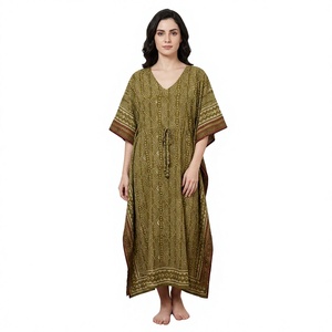 Indian 100% Organic Cotton V-neck Airy Sleeve Loose Fit Block Print <b>Kaftan</b> Modest Handmade Floral Floor-Length Natural Waist - Product Image 1