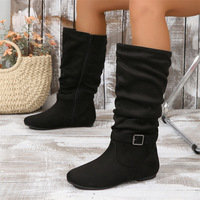 Sepatu Boots Wanita Musim Dingin Semi, Model Ruched Mid-Top, Resleting Samping, Gesper, Bahan Suede Kulit Sapi, Mesh, Gaya Eropa-Amerika, Kasual, Flat