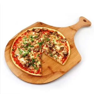 Papan Potong Kayu Chees Alami Serbaguna Ukuran Kustom dengan Pegangan Piring Bambu Piring Kupas Pizza