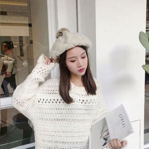 Fashion Winter Custom Keep <b>Warm</b> Rabbit Fur Pom Cap Crochet Wool Painter Beret <b>Hats</b> for Women - Product Image 4