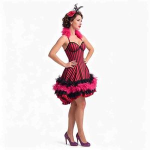 Vestido Corto de Corsé <span class=keywords><strong>Burlesque</strong></span> de Poliéster a Rayas Rojas y Negras con Adorno de Plumas Esponjosas, Disfraz de Showgirl de Cabaret, Estilo Vintage Pinup - Product Image 2