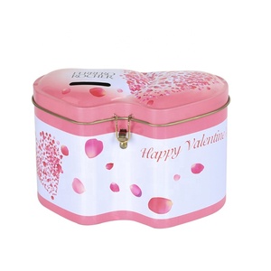 Double Heart Shaped Metal <strong>Tin</strong> Box Pink <strong>Rose</strong> Petal Printed Candy <strong>Chocolate</strong> Storage <strong>Tin</strong> with Lock Gift Packaging Coin Bank <strong>Tin</strong> Can - Product Image 2