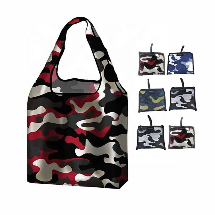 Large Capacity Camouflage Printed 210D Ripstop Tote Bag Custom Pattern Packable Supermarket Shopping Bag for Shoppers