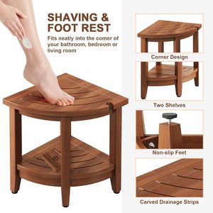 Tabouret de douche triangulaire en teck Ruoyi 40,1x40,1x45,5 cm, repose-pieds d'angle pour salle de bain avec étagère pour le rasage et le nettoyage - Product Image 4