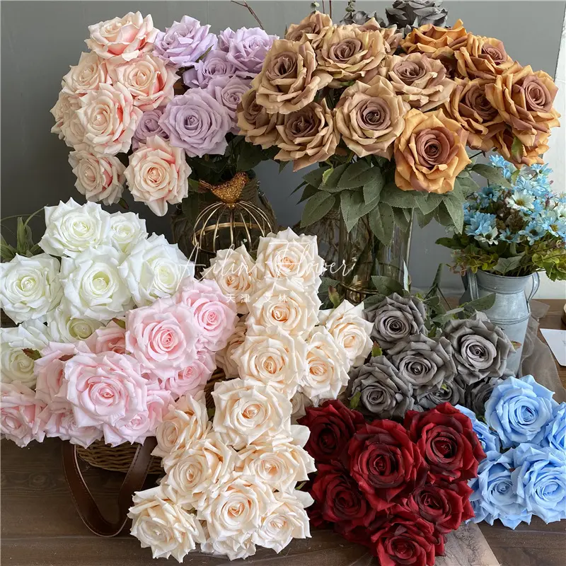 Buquê de flores artificiais para decoração, rosas de seda azul dusty, buquê para casamento e decoração de casa, outono, D-RB001