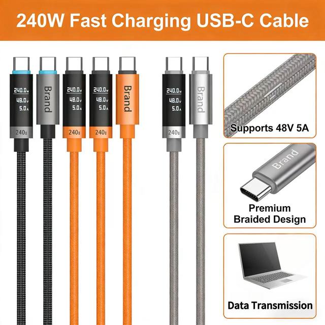 240W Type-C to Type-C Cable 48V 5A Fast Charging Nylon Braided High-Speed Data Transfer for Laptops Phones Computers Power Banks