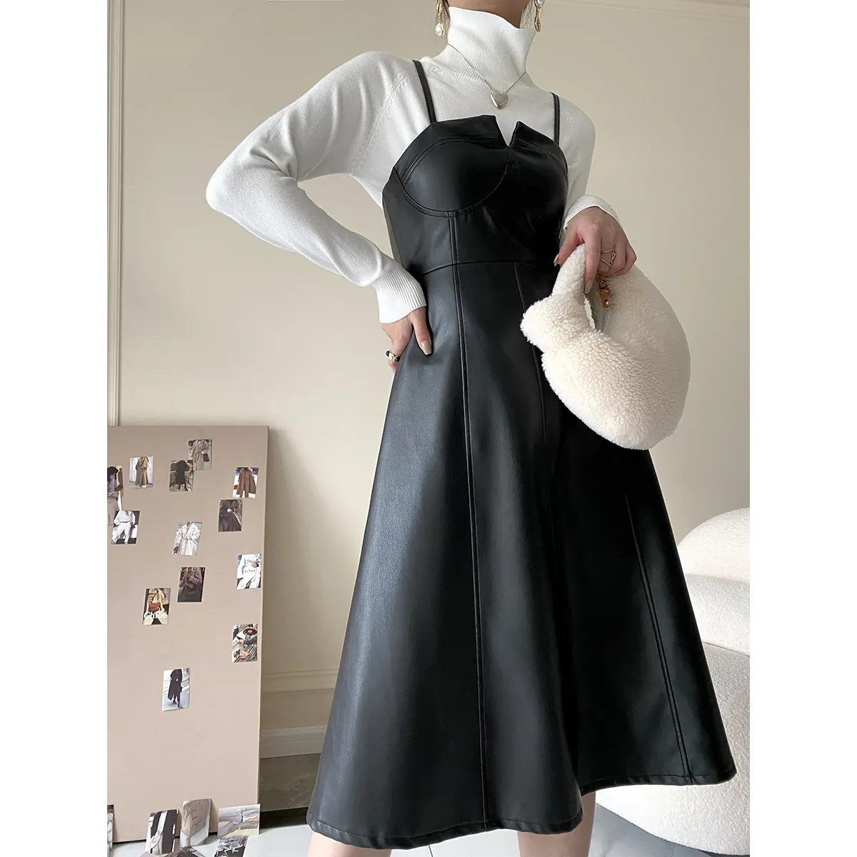 Robe décontractée pour femmes bon marché jupe dos nu en cuir noir robe de club jupe à bretelles pour filles