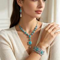 Colliers pendentifs bohèmes vintage en pierre turquoise multi-formes, boucles d'oreilles pendantes à pampilles en forme de goutte, bracelets larges creux gaufrés pour femme