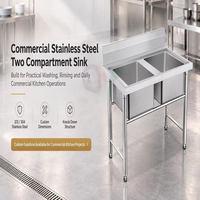 Évier commercial modulaire personnalisé à deux cuves avec pare-éclaboussures arrière en acier inoxydable 304 pour brasserie, pub, bar