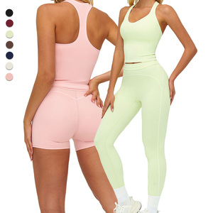 TZ7028-2 2 Parça Spor Kıyafet Kolsuz Crop Top Fitness Yoga Atlet Yüksek Bel Şort Tayt Takımları Spor Giyim Seti - Product Image 5