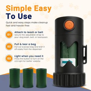 Lampe torche LED pour ramassage de crottes de chien à fixer au laisse, distributeur de sacs à déjections pour animaux, 1 rouleau de sacs poubelles pour animaux, support de sacs à crottes - Product Image 6