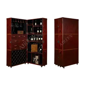 Vintage Movable Stateroom Bar Set on Sturdy Wheels Retro Leather Wine Bar Cabinet for Sale