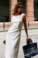 Robe sans manches Nicecover Minimalist Commute, col bateau, drapée, coupe droite, fendue, blanche, longueur midi, pour femme