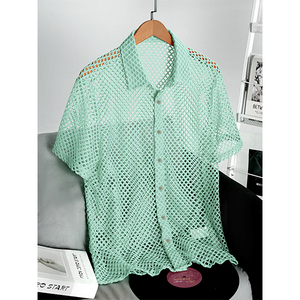 Camisa de <span class=keywords><strong>Hombre</strong></span> Moderna con Cuello y Diseño Calado, Manga Corta, Color Sólido, Transpirable, 100% Poliéster, Venta Directa de Fábrica - Product Image 4
